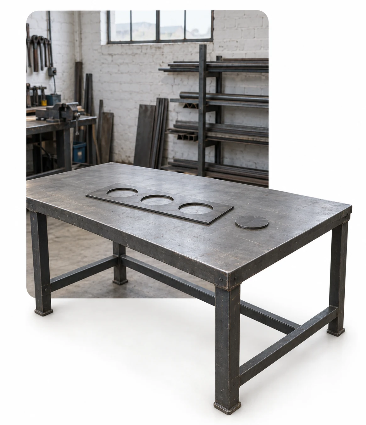 Mesa de taller con una plancha de tres cortes circulares y un disco; el primer plano sale del fondo fotográfico. Imagen ilustrativa.