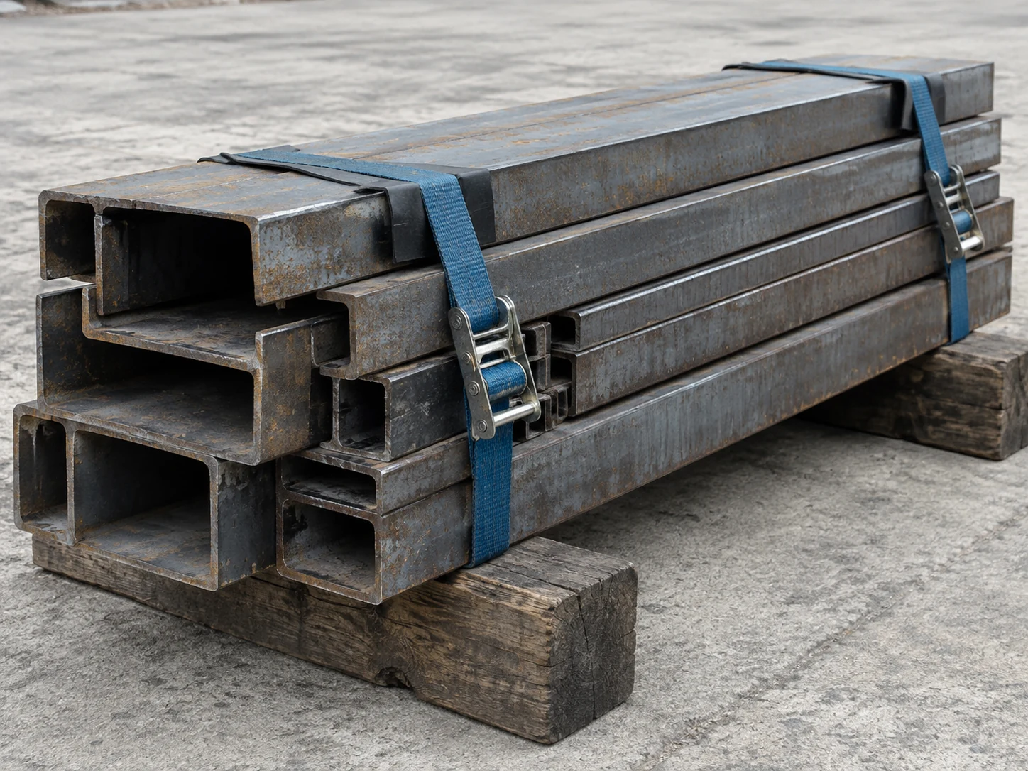 Perfiles metálicos sujetos con cintas.