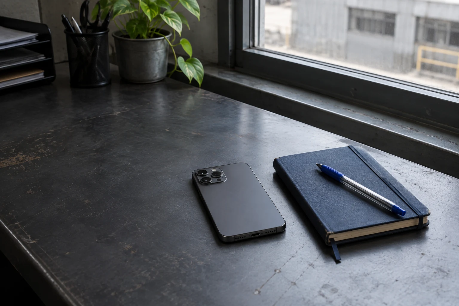 Teléfono, libreta azul y bolígrafo sobre una mesa. Imagen ilustrativa.